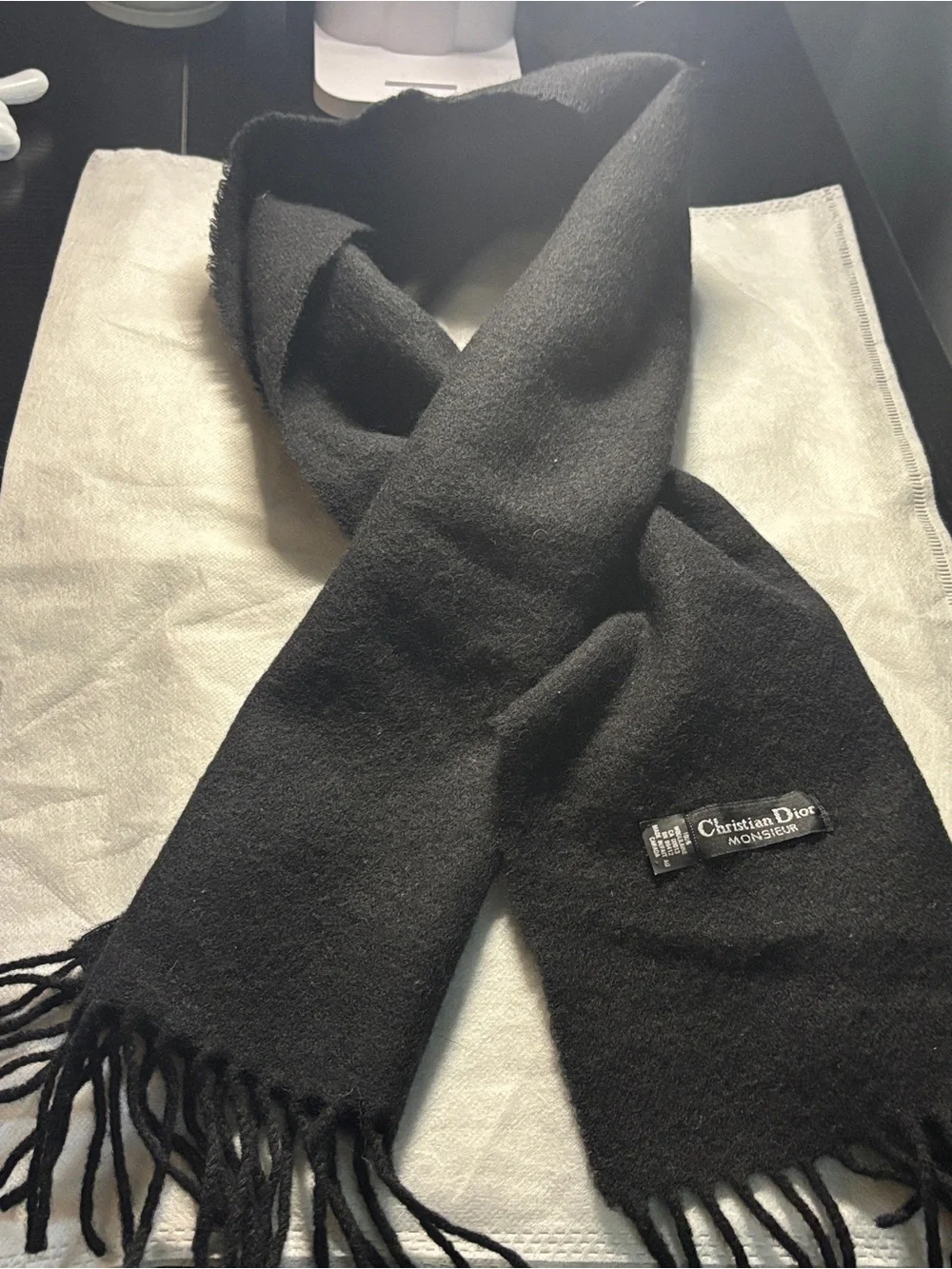 Dior  Black Fringe Wool Scarf with Christian Dior Tag - Picture 5 of 17